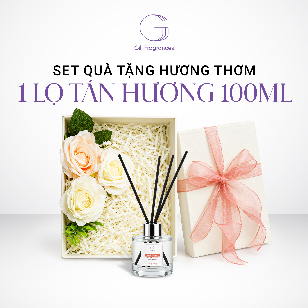 SET QUÀ TẶNG 1 LỌ TÁN HƯƠNG 100ML | Hộp chữ nhật decor hoa & ruy băng
