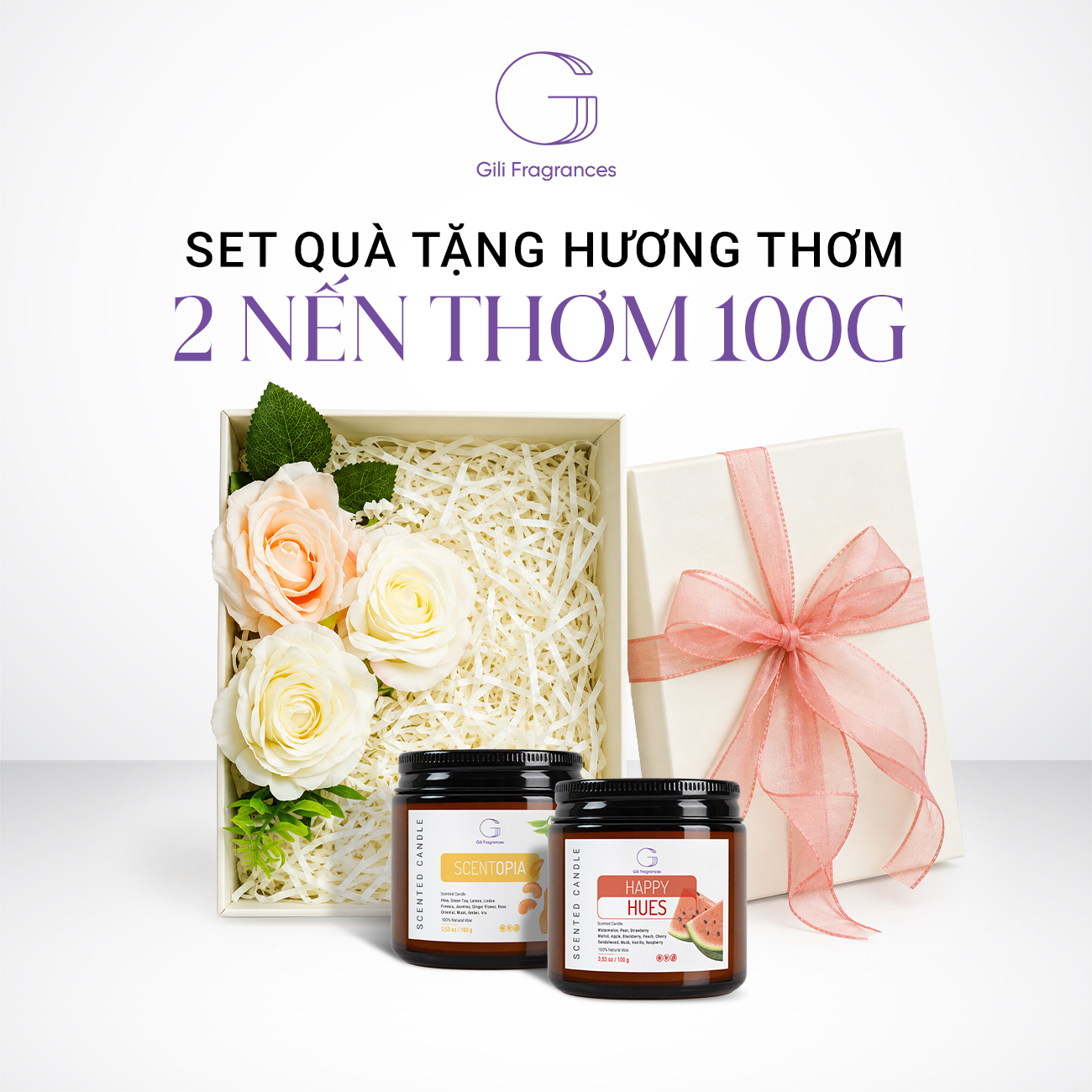 SET QUÀ TẶNG 2 NẾN THƠM 100G | Hộp chữ nhật decor hoa & ruy băng