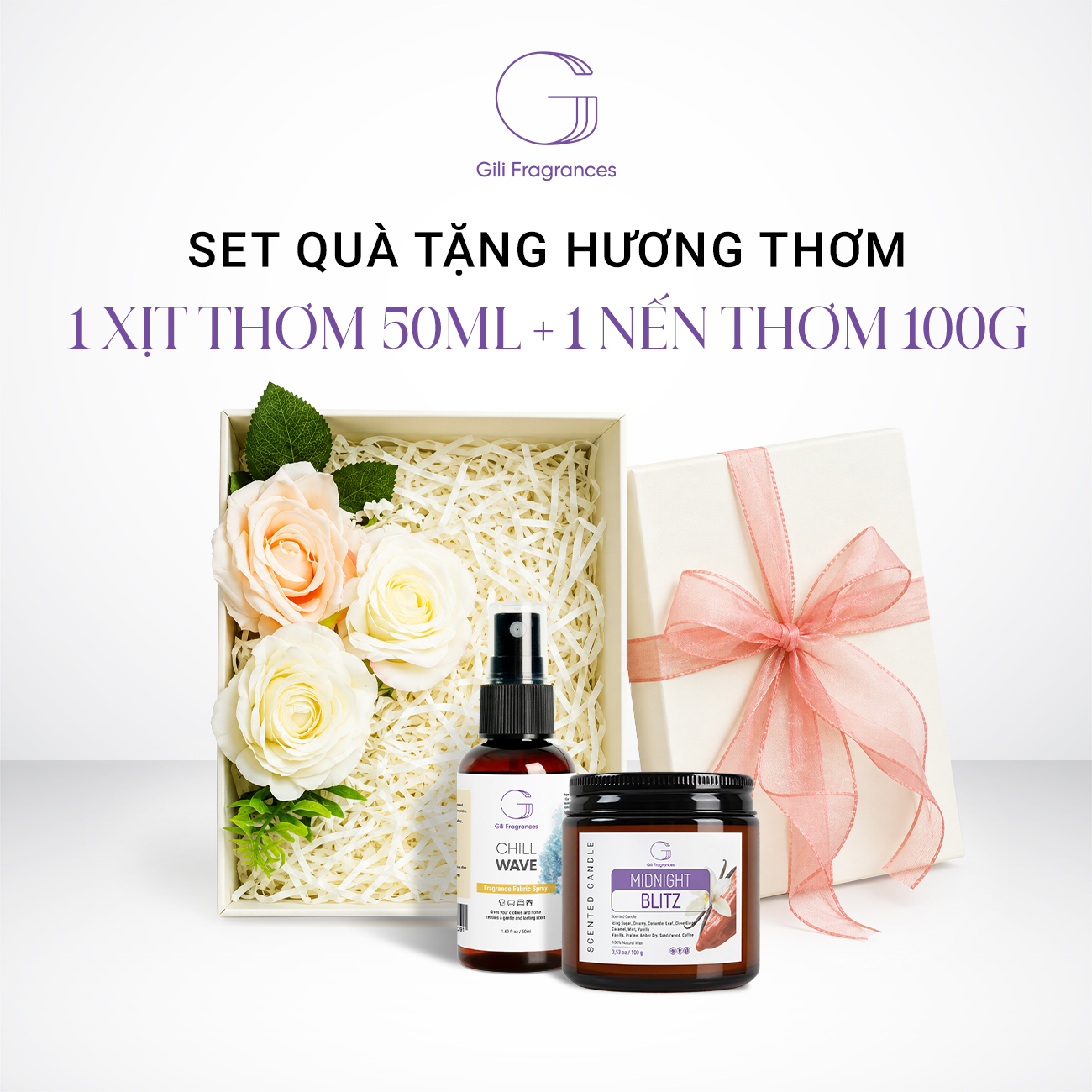SET QUÀ TẶNG 1 NẾN THƠM 100G & 1 XỊT THƠM 50ML | Hộp chữ nhật decor hoa & ruy băng
