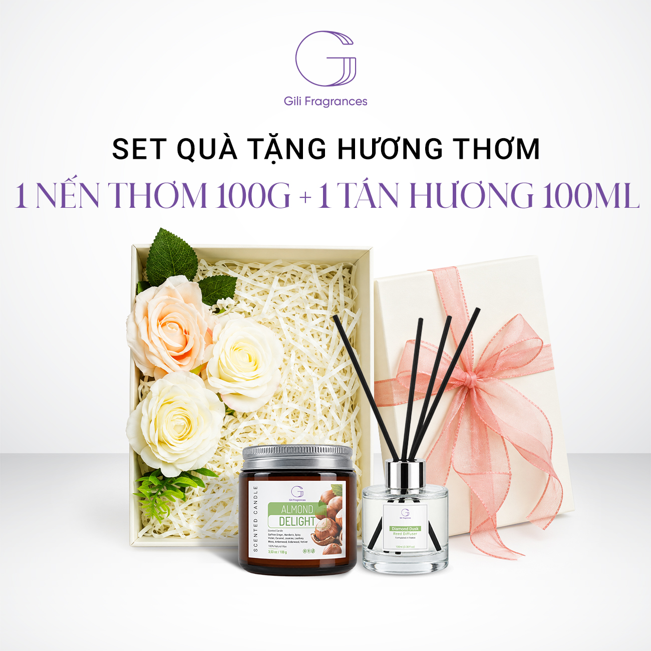 SET QUÀ TẶNG 1 LỌ TÁN HƯƠNG 100ML & 1 NẾN 100G | Hộp chữ nhật decor hoa & ruy băng