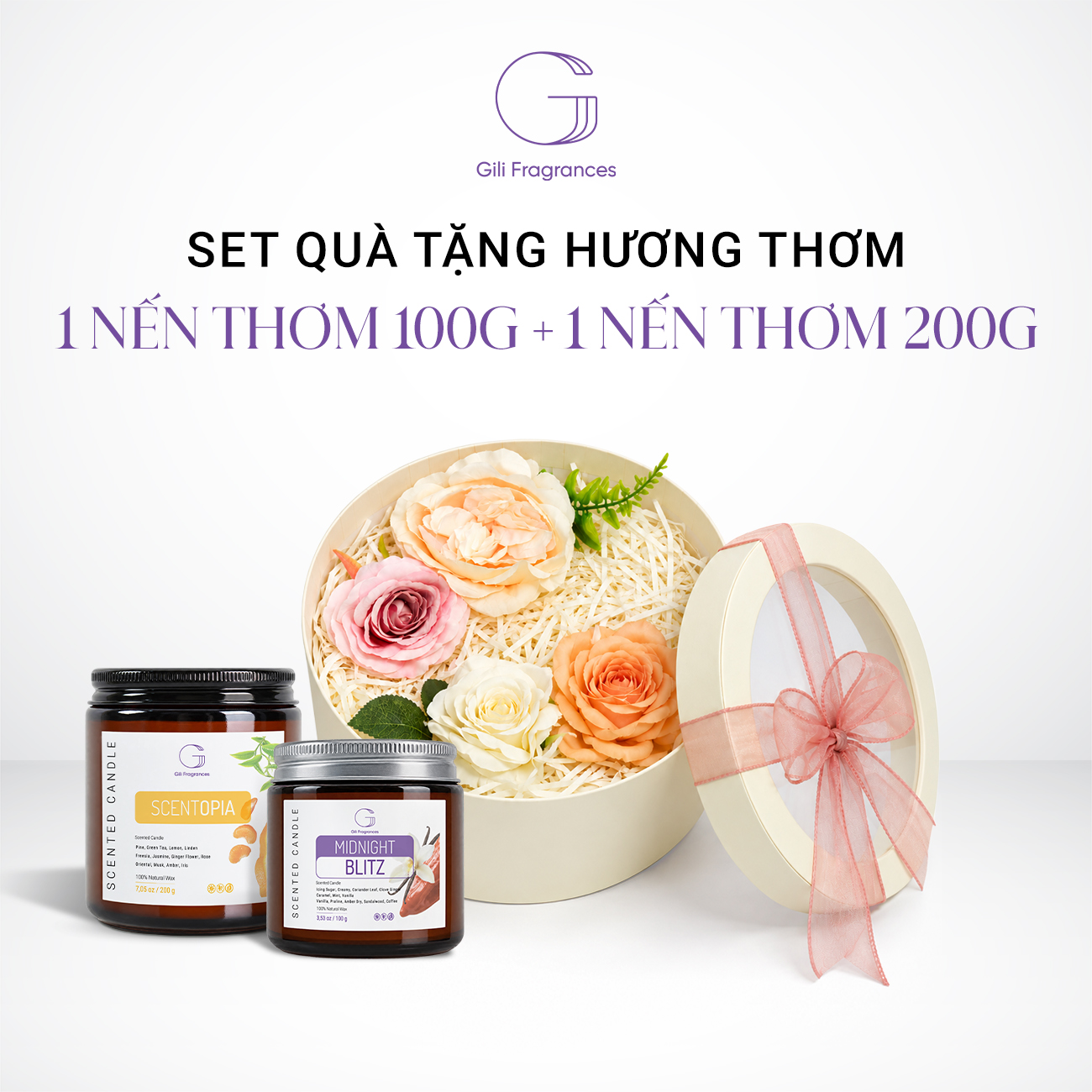 SET QUÀ TẶNG 1 NẾN 100G & 1 NẾN 200G | Hộp tròn decor hoa & ruy băng