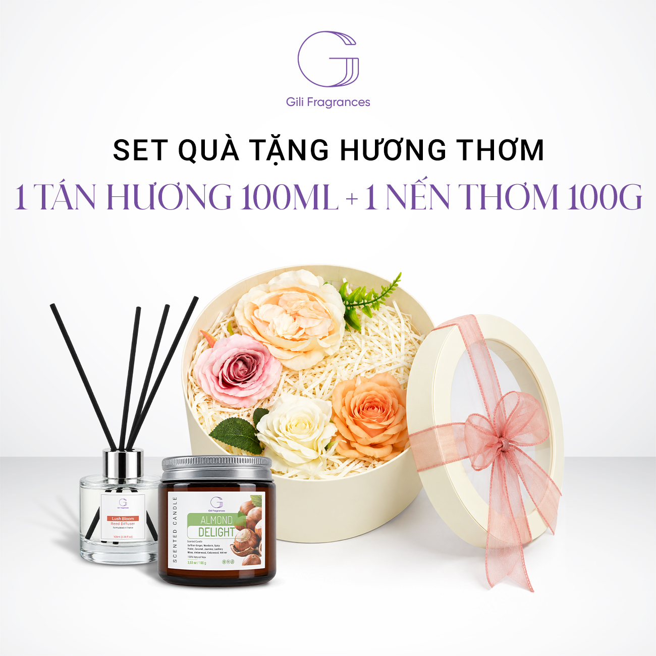 SET QUÀ TẶNG 1 LỌ TÁN HƯƠNG 100ML & 1 NẾN THƠM 100G | Hộp tròn decor hoa & ruy băng