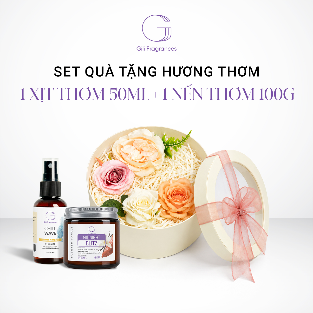 SET QUÀ TẶNG 1 NẾN 100G & 1 XỊT THƠM 50ML | Hộp tròn decor hoa & ruy băng