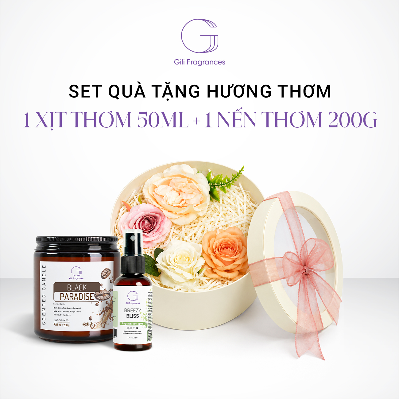 SET QUÀ TẶNG 1 NẾN 200G & 1 XỊT THƠM 50ML | Hộp tròn decor hoa & ruy băng