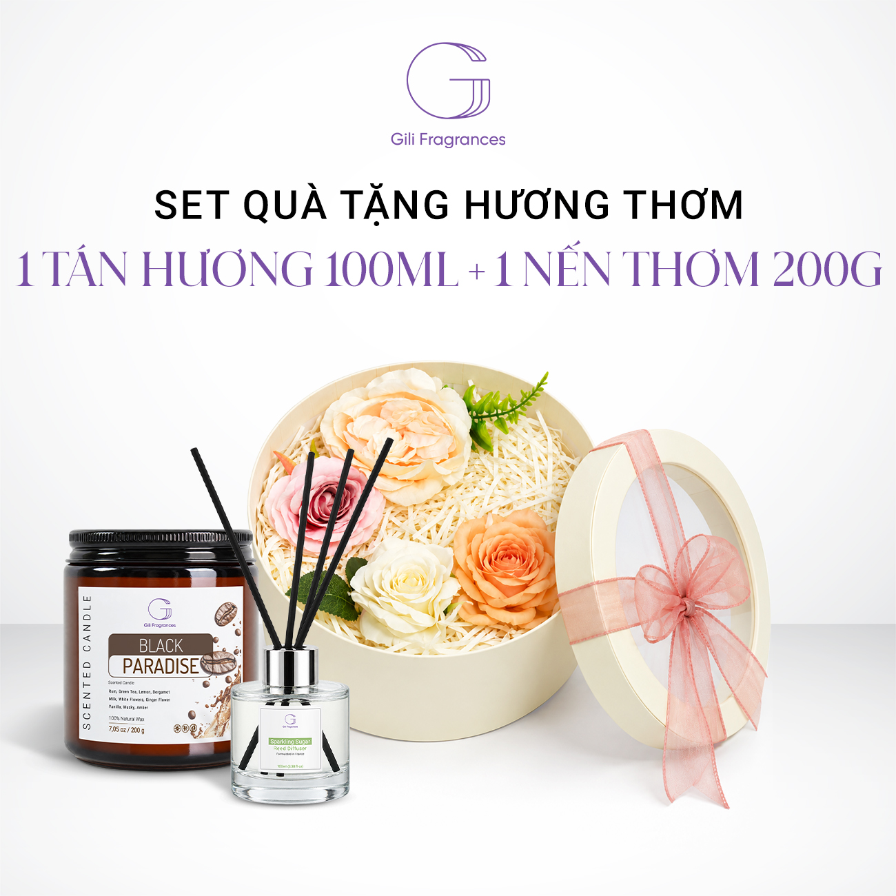 SET QUÀ TẶNG 1 LỌ TÁN HƯƠNG 100ML & 1 NẾN THƠM 200G | Hộp tròn decor hoa & ruy băng