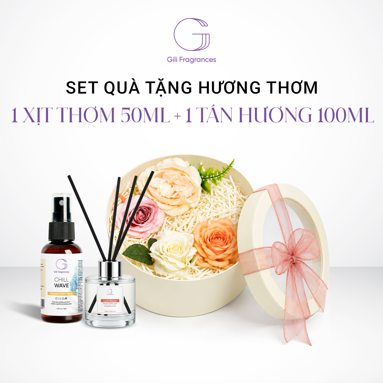 SET QUÀ TẶNG 1 LỌ TÁN HƯƠNG 100ML & 1 XỊT THƠM 50ML | Hộp tròn decor hoa & ruy băng