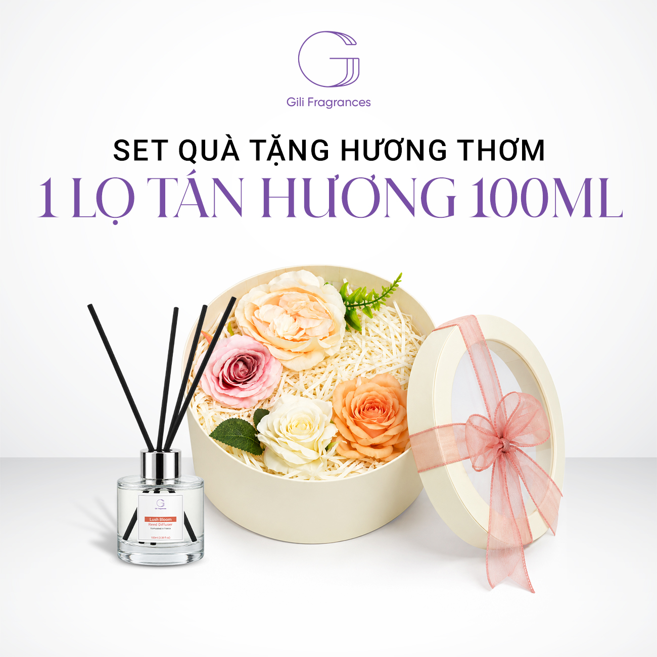 SET QUÀ TẶNG 1 LỌ TÁN HƯƠNG 100ML | Hộp tròn decor hoa & ruy băng
