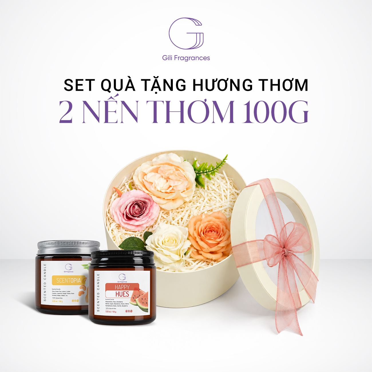 SET QUÀ TẶNG 2 NẾN THƠM 100G | Hộp tròn decor hoa & ruy băng