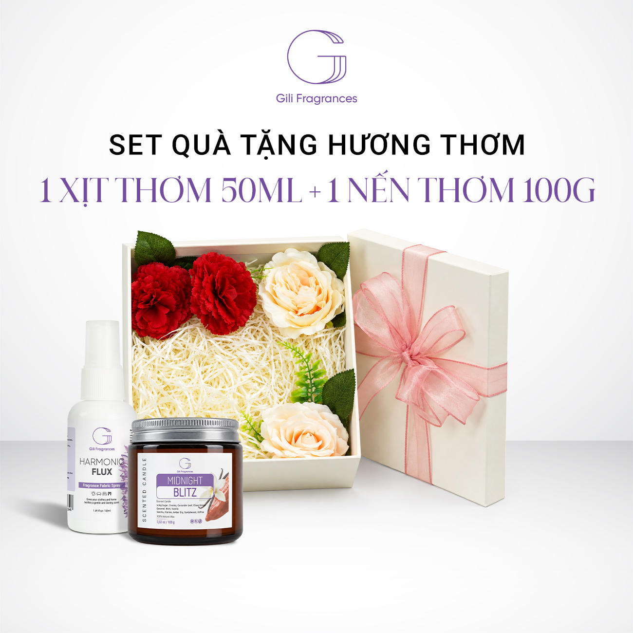 SET QUÀ TẶNG 1 NẾN 100G & 1 XỊT THƠM 50ML | Hộp vuông decor hoa & ruy băng