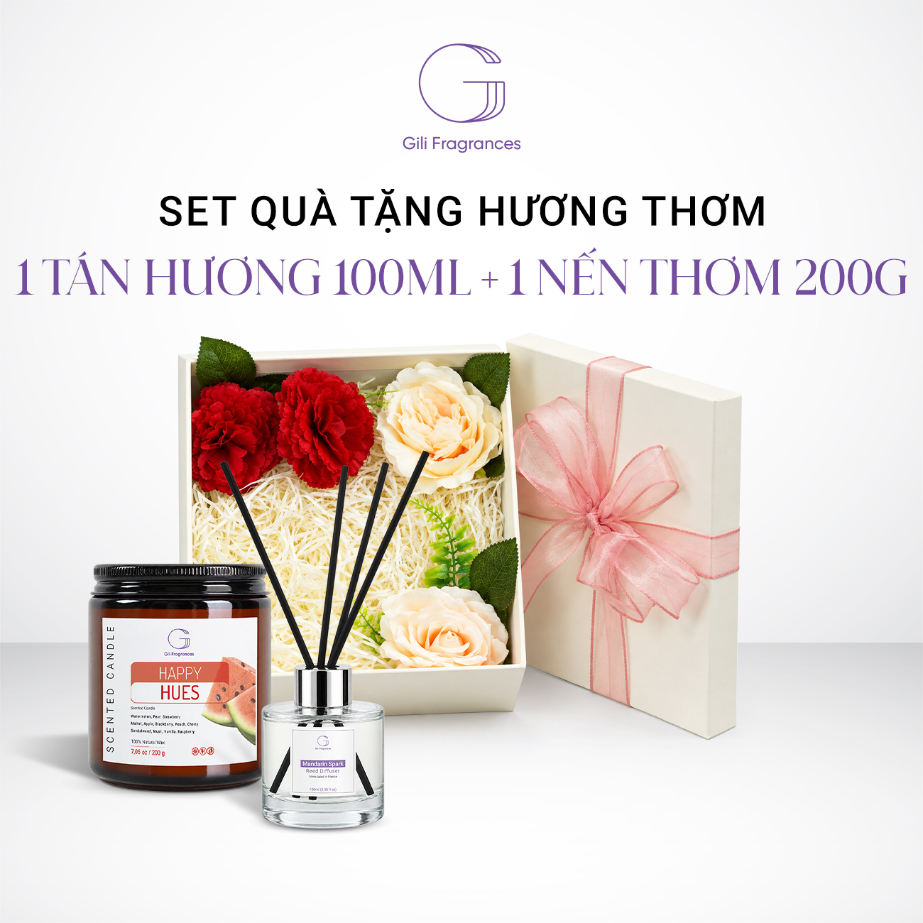 SET QUÀ TẶNG 1 LỌ TÁN HƯƠNG 100ML & 1 NẾN THƠM 200G | Hộp vuông decor hoa & ruy băng