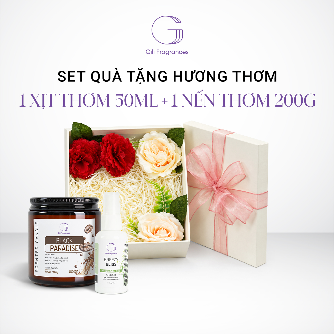 SET QUÀ TẶNG 1 NẾN THƠM 200G & 1 XỊT THƠM 50ML | Hộp vuông decor hoa & ruy băng
