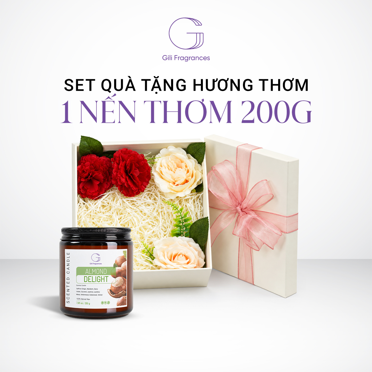 SET QUÀ TẶNG 1 NẾN THƠM 200G  | Hộp vuông decor hoa & ruy băng