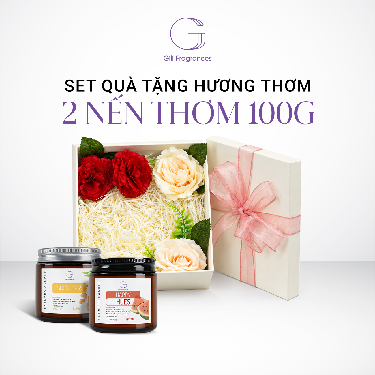 SET QUÀ TẶNG 2 NẾN THƠM 100G  | Hộp vuông decor hoa & ruy băng