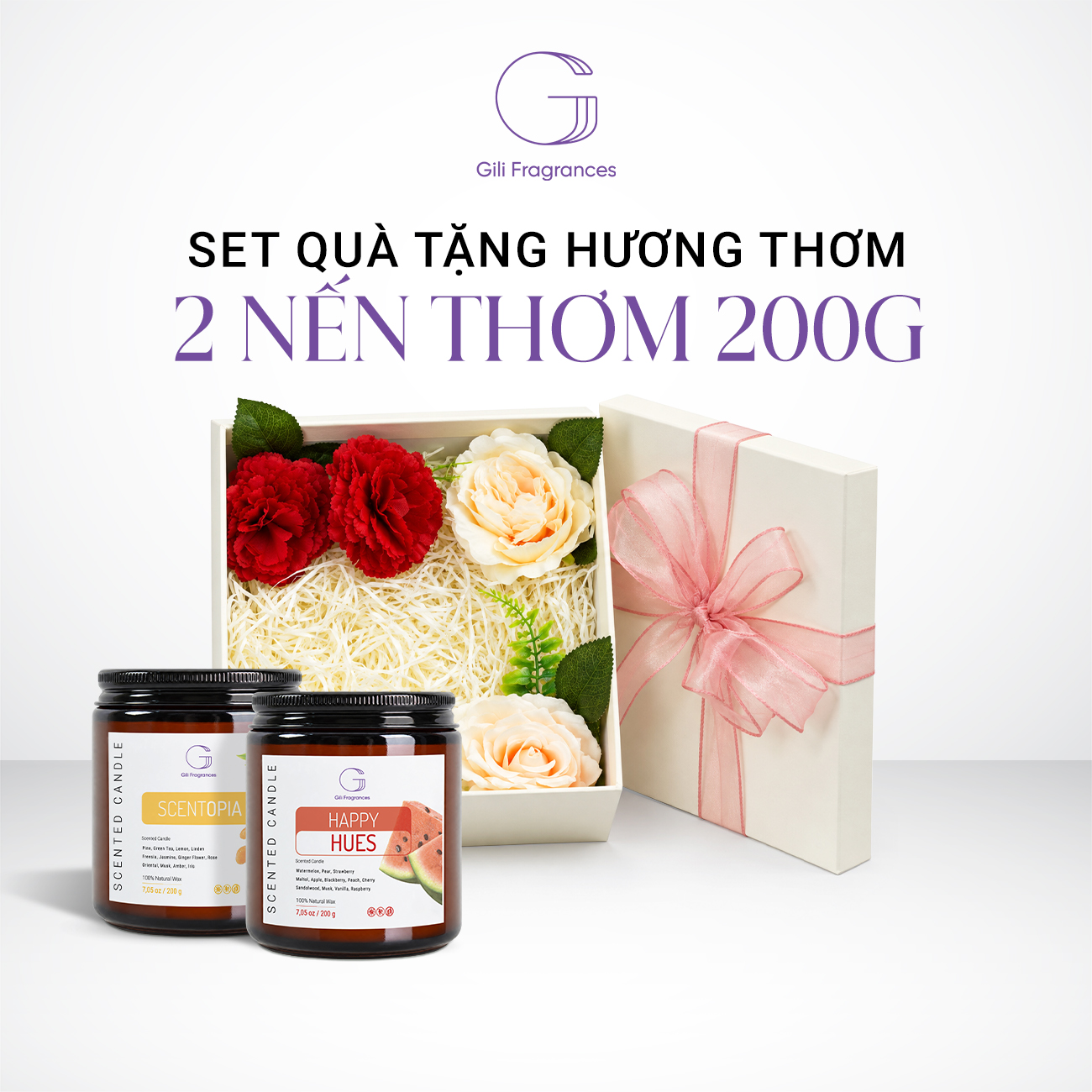 SET QUÀ TẶNG 2 NẾN THƠM 200G  | Hộp vuông decor hoa & ruy băng